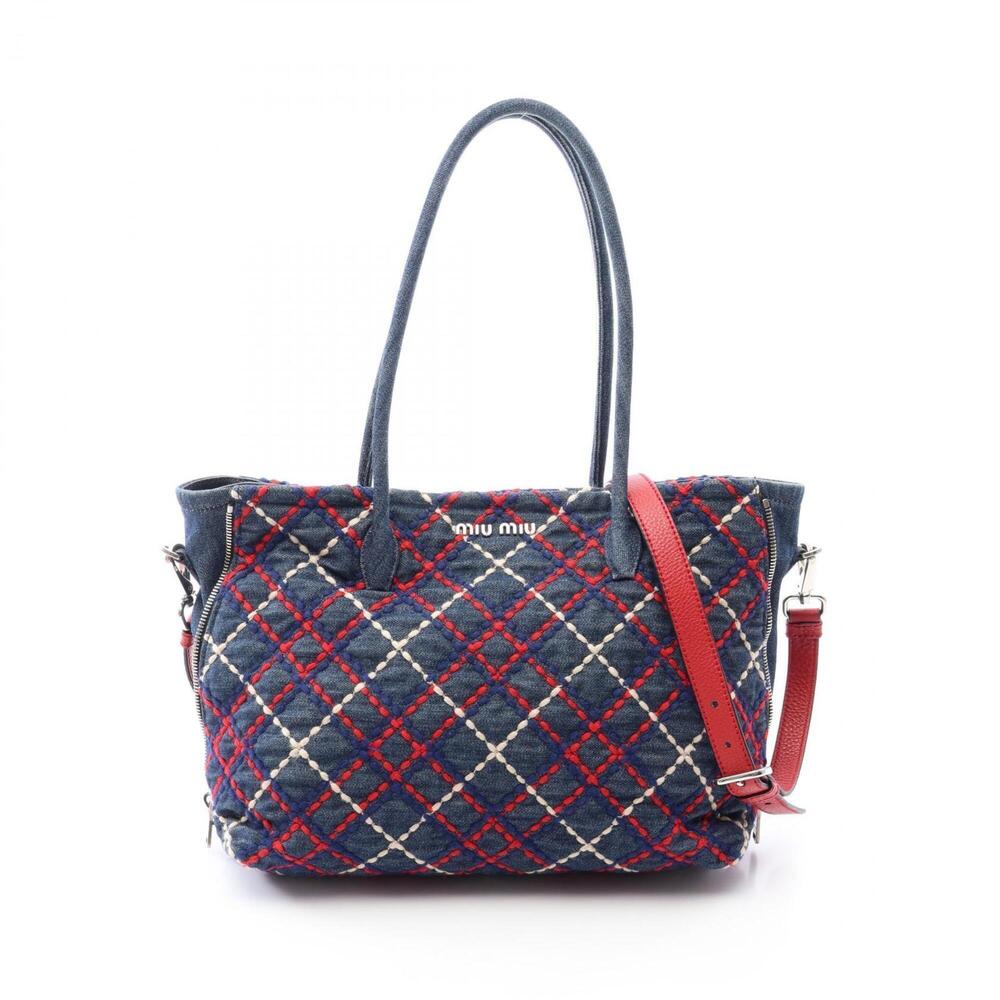 Miu Miu Miu DENIM RICAMO TA 2-Way Tote Bag/Handbag - Denim Women's Navy, Red,...